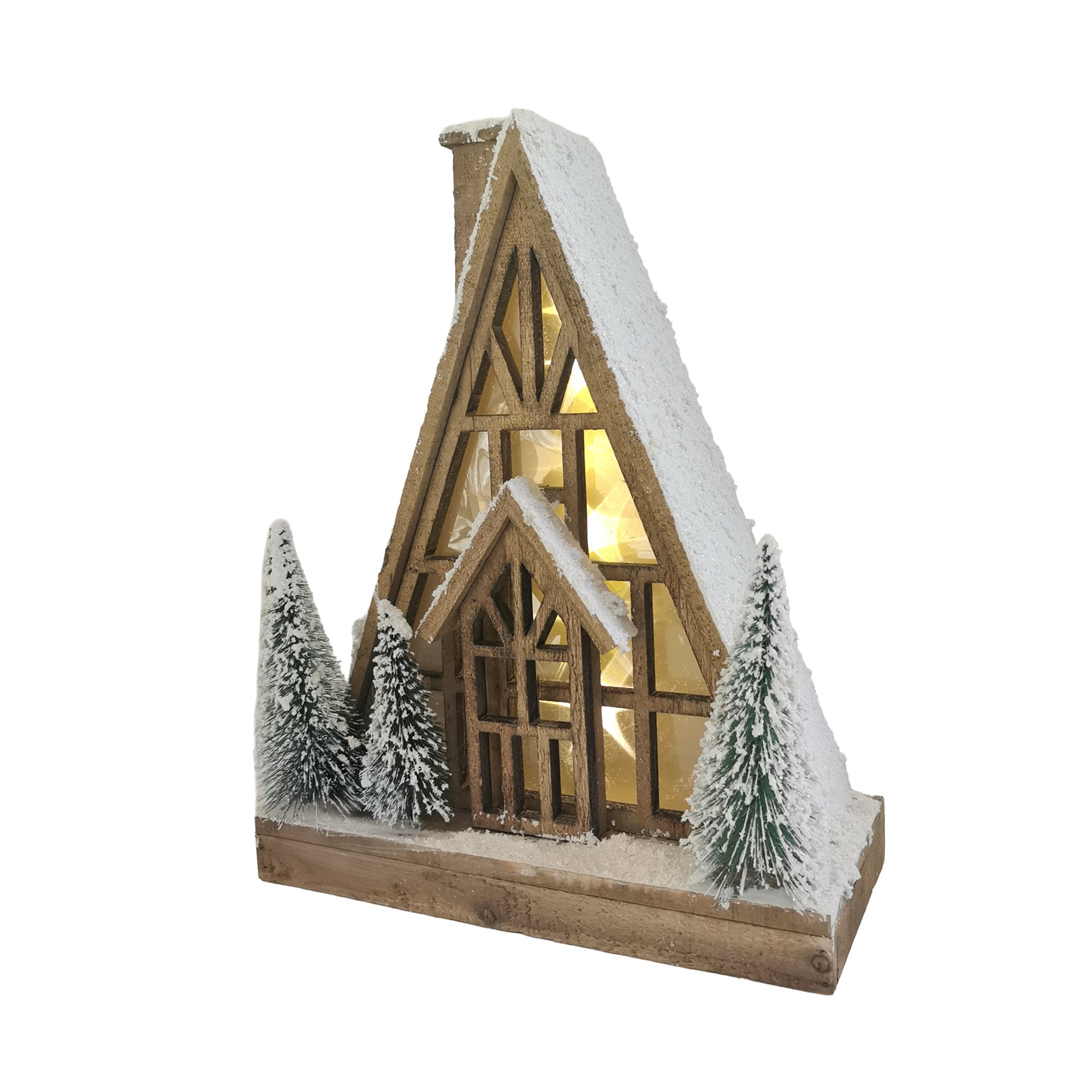 WOODEN CHALET W/ 10LED 13"X16" NATURAL BROWN W/ 3 TREES AND SNOW