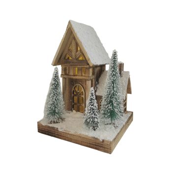 WOODEN HOUSE 14"X10" W/10LED NATURAL BROWN W/3 TREES AND SNOW