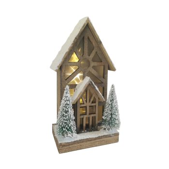 WOODEN HOUSE W/10LED 17"X9" NATURAL BROWN W/2 TREES AND SNOW