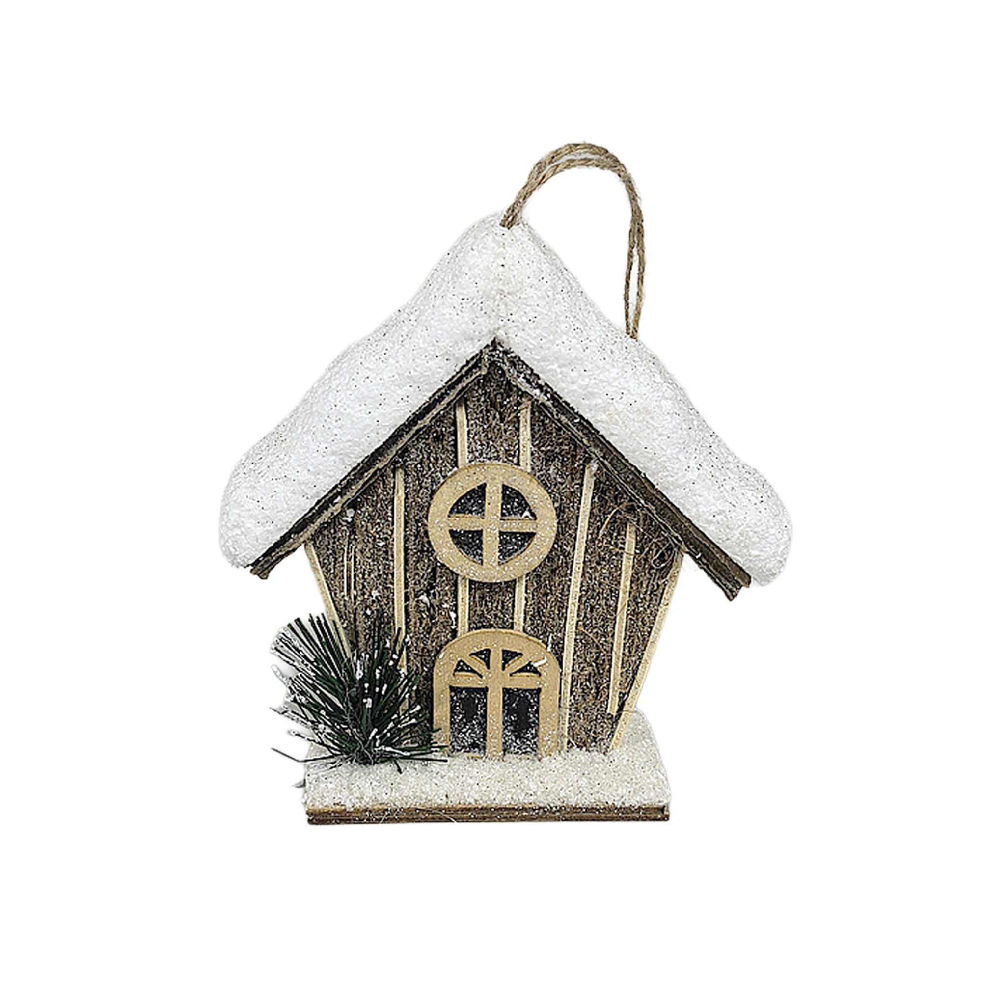 WOODEN BIRD HOUSE 6"X6" BROWN W/ HANGER, SLOPED ROOF & CIRCULAR ENTRY