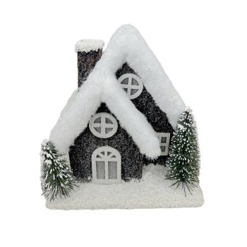 WOODEN HOUSE 7"X8" BROWN WITH LIGHTS & TIMER