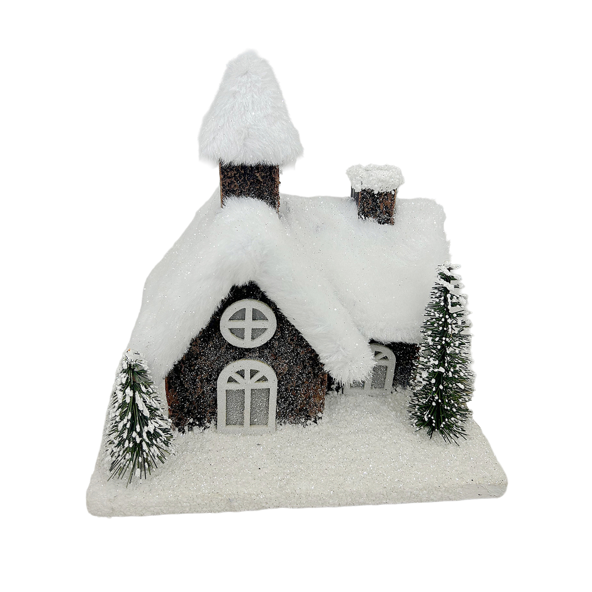 WOODEN HOUSE 9"X9" BROWN LED W/TIMER, STEEPLE ROOF & & FUR- SNOWED ROOF