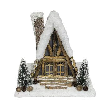 WOODEN LOG HOUSE 11"X11" BROWN WITH LIGHTS & TIMER