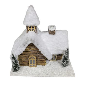 WOODEN LOG HOUSE 12"X11" BROWN WITH LIGHTS & TIMER