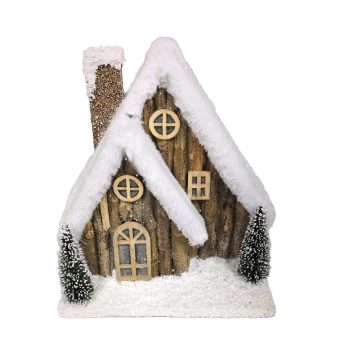 WOODEN LOG HOUSE 9"X11" BROWN WITH LIGHTS & TIMER