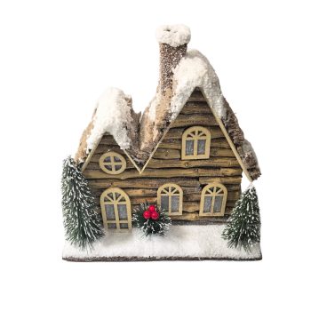 LOG HOUSE WITH LIGHTS 10"X5.5"X9.5" NATURAL W/SNOWY ROOF