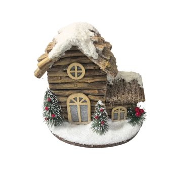 LOG HOUSE WITH LIGHTS 8.5"X6"X7.5" NATURAL W/SNOWY ROOF