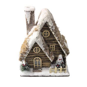 LOG HOUSE WITH LIGHTS 9.5"X7.5"X10.5" NATURAL W/SNOWY ROOF