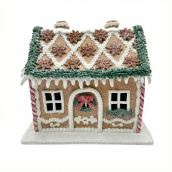 GINGERBREAD HOUSE 8.5"X7.5" BROWN/GREEN/RED/WHITE W/LED (WARM YEL)