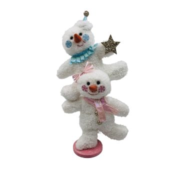 DOUBLE SNOWMAN 8"X14" WHITE/PINK/BLUE ON BASE
