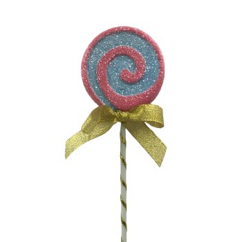 LOLLIPOP PICK 4"X18" WHITE/PINK/BLUE W/GOLD BOW