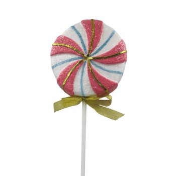 LOLLIPOP PICK 6"X20" PINK WHITE W/GOLD BOW