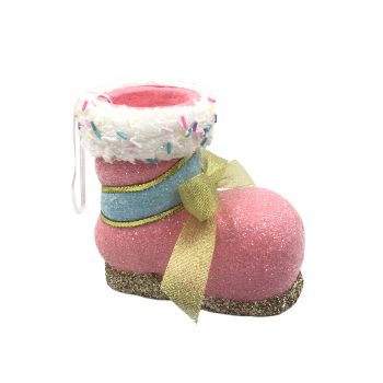 ORN BOOT 6"X5" WHITE/PINK/WHITE/BLUE W/GOLD BOW
