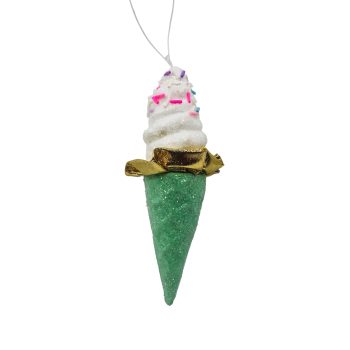 ORN ICE CREAM CONE 2"X5" GREEN/WHITE W/SPRINKLES
