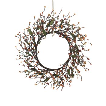 FALL WREATH WILDFLOWER BUD 20" ORANGE YELLOW GREEN LEAF WISPY VINE