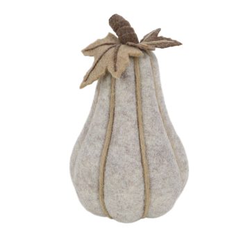 FALL PUMPKIN PEAR-SHAPED GOURD FELTED WOOL 12" SOFT TAUPE/GRAY W/TAUPELEAVES