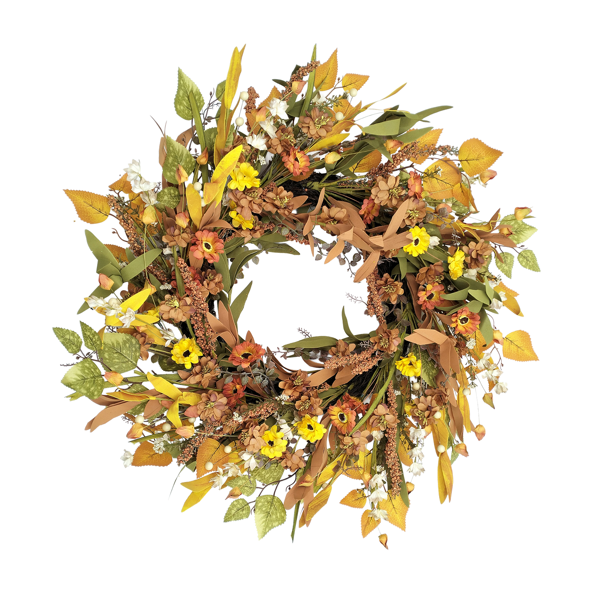 FALL WREATH MUSTARD WILDFLOWER 24" YELLOW RUST BROWN MIX