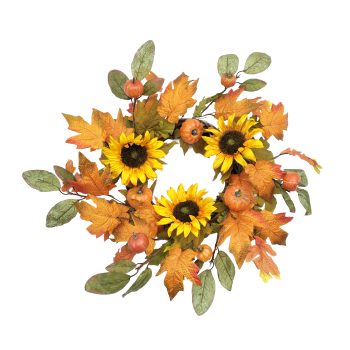FALL WREATH SUNFLOWER PUMPKIN 24" YELLOW ORANGE MAPLE LEAF HARVEST