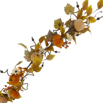 FALL GARLAND VELVET PUMPKIN 5' ORANGE BEIGE CREAM BROWN TWIG
