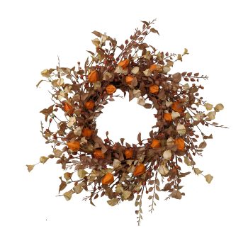 FALL WREATH LANTERN PODS & MINI LEAF 24" RUST ORANGE BROWN RUSTIC PODS