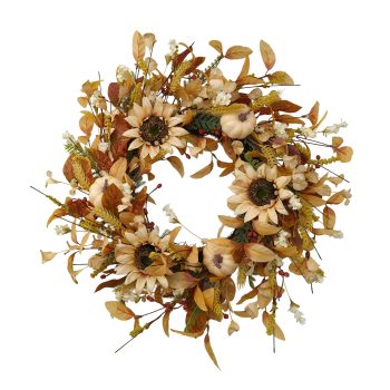 FALL WREATH CREAM SUNFLOWER 24" WHITE PUMPKIN BROWN LEAF