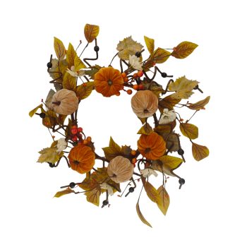 FALL WREATH VELVET PUMPKIN 24" ORANGE BEIGE CREAM BROWN TWIG