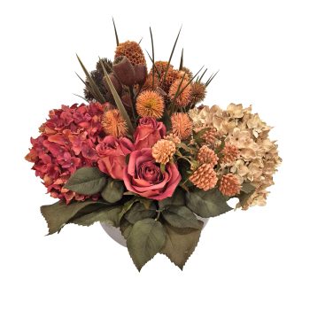 FALL ARRANGEMENT HYDRANGEA/ROSE/CRASPEDIA/THISTLE 14" DELUXE BURGUNDY/CREAM