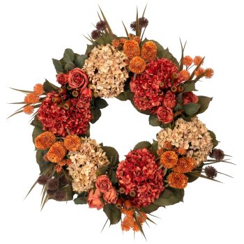 FALL WREATH HYDRANGEA/ROSE/CRASPEDIA/THISTLE 24" DELUXE BURGUNDY/CREAM