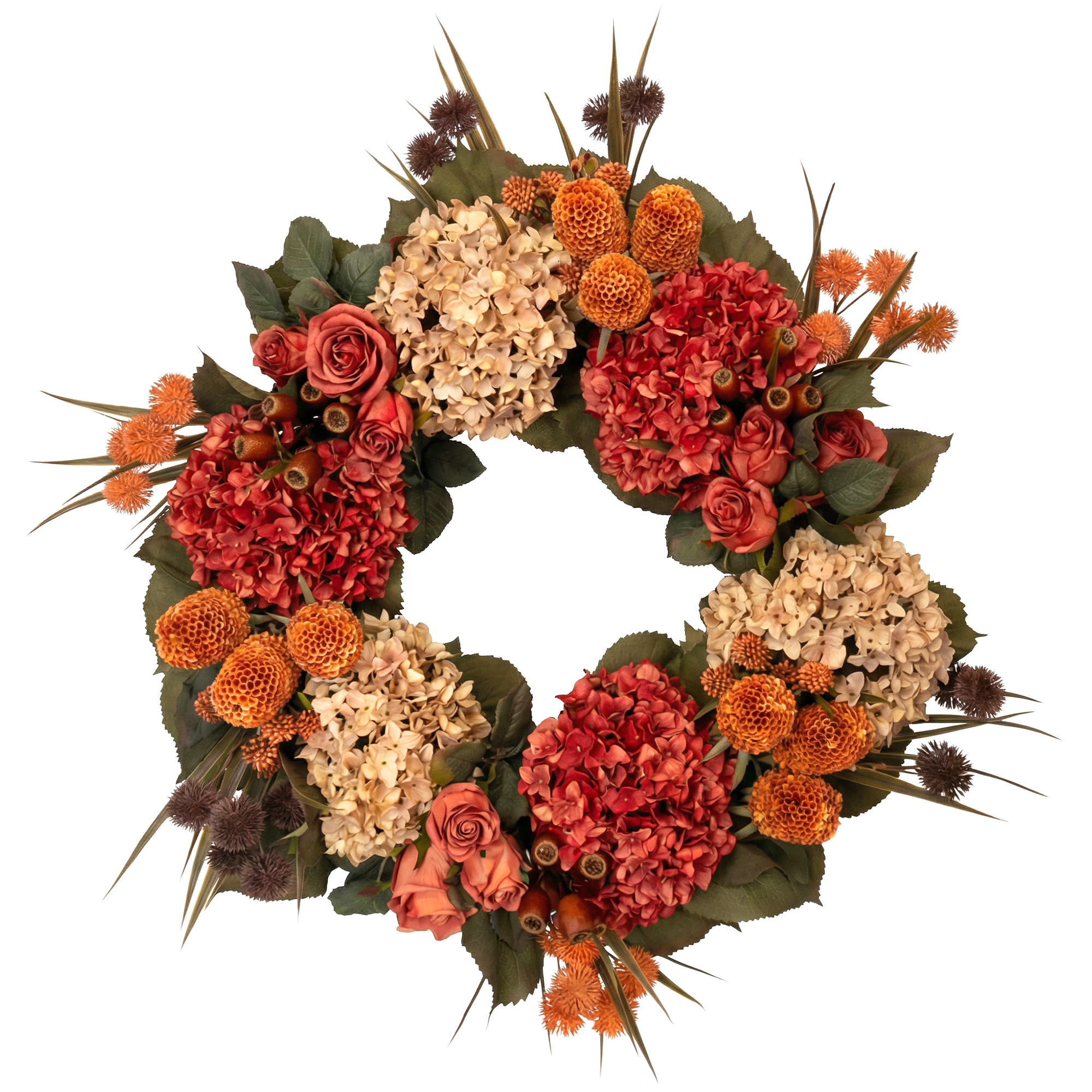 FALL WREATH HYDRANGEA/ROSE/CRASPEDIA/THISTLE 24" DELUXE BURGUNDY/CREAM