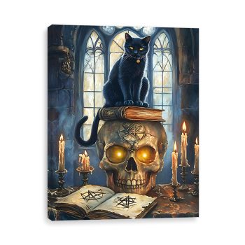 HALLOWEEN CANVAS WALL ART 16"X12" BLACK CAT SCENE 5PC LED+6 HOUR TIMER