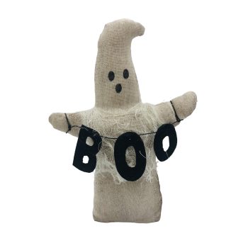 GHOST STANDING 7"X9" BLACK/WHITE FABRIC HOLDING BOO BANNER