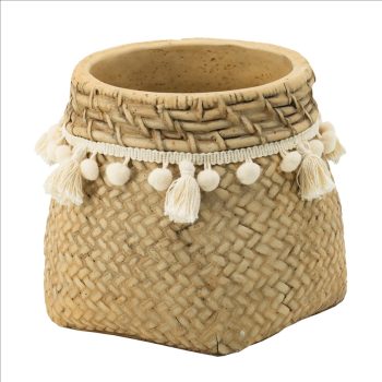 CEMENT PLANTER WITH COTTON TASSELS 6.7"W"