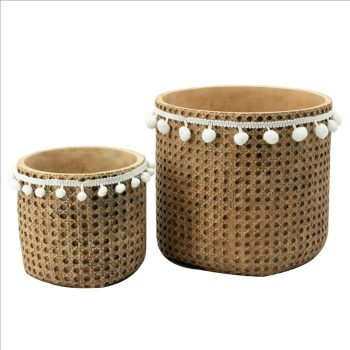 CEMENT PLANTERS WITH COTTON FRINGE - SET OF 2