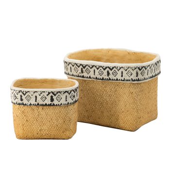 CEMENT PLANTERS WITH DECORATIVE BAND - SET OF 2
