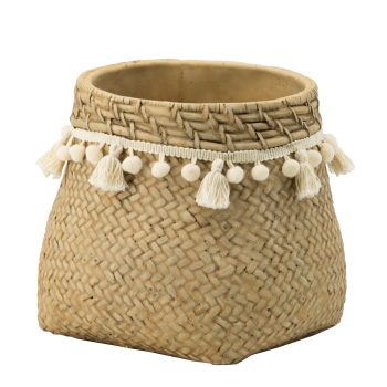 CEMENT PLANTER WITH COTTON TASSELS 8.9"