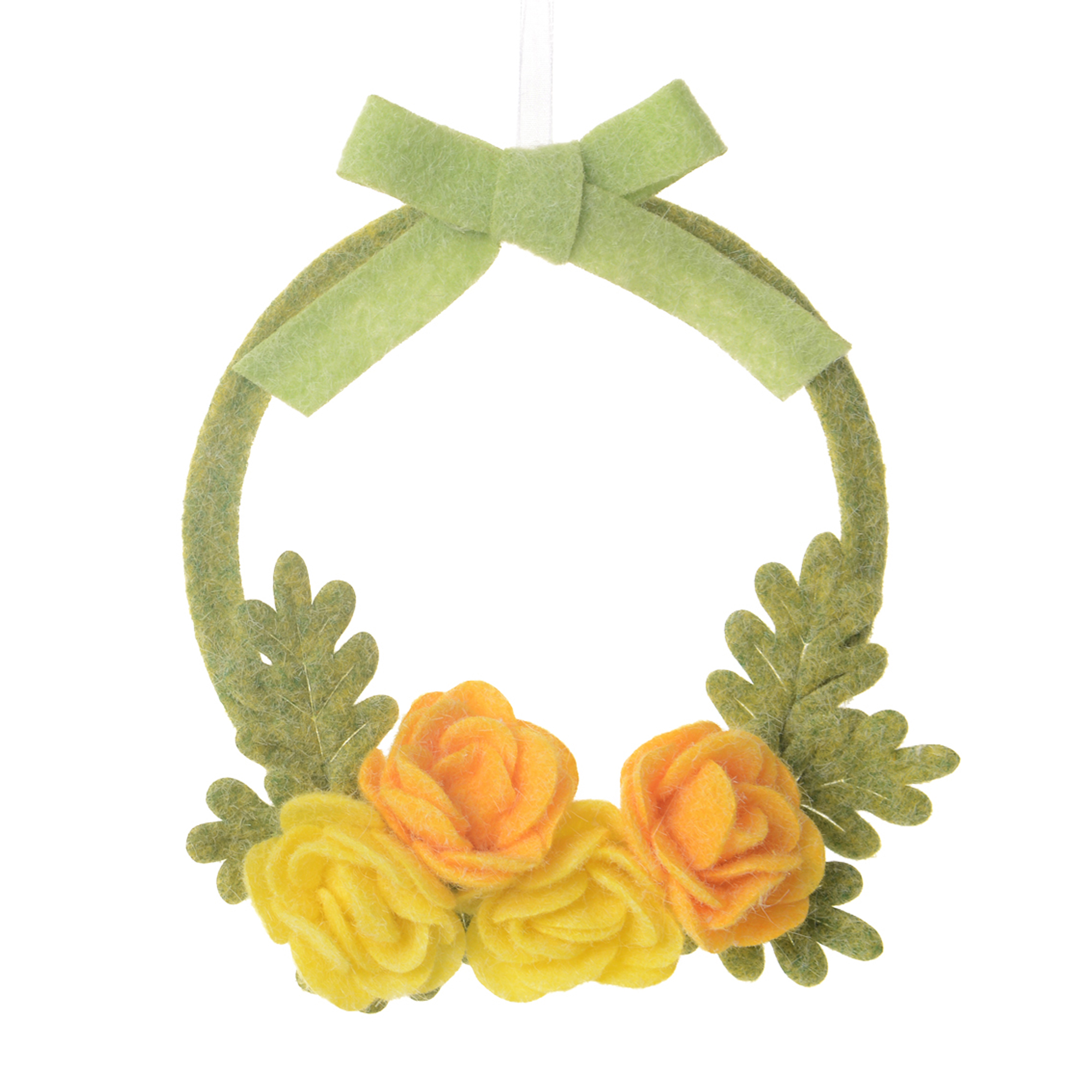 FELT DECORATED WREATH 6" GREEN W/GREEN BOW W/PINK BOW