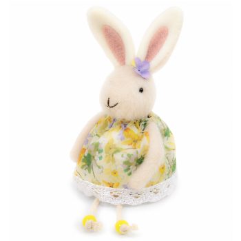 SITTING BUNNY 9.5"H W/DANGLE LEGS YELLOW FLORAL DRESS