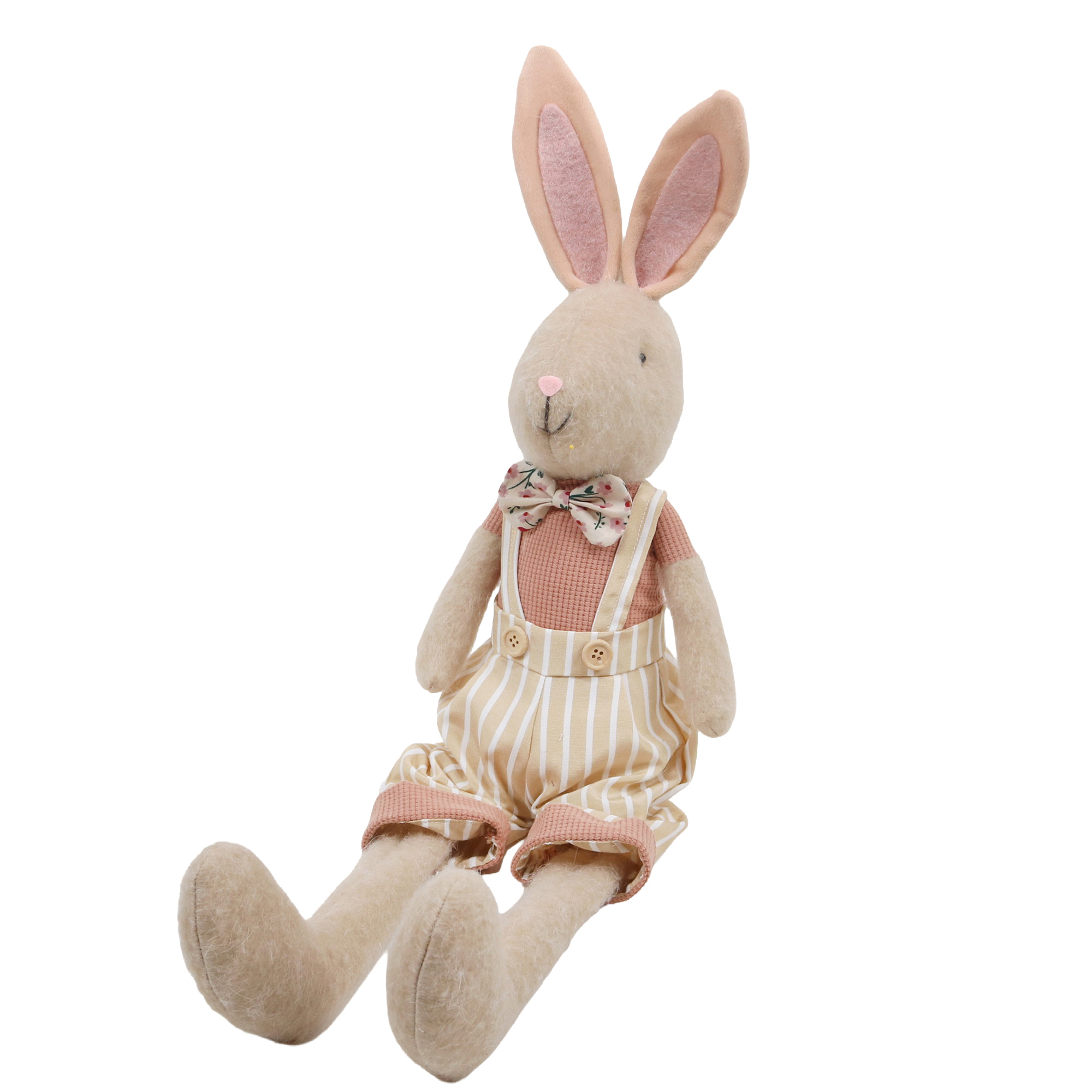 PLUSH SITTING RABBIT BOY 24" BEIGE OVERALL/PINK SHIRT