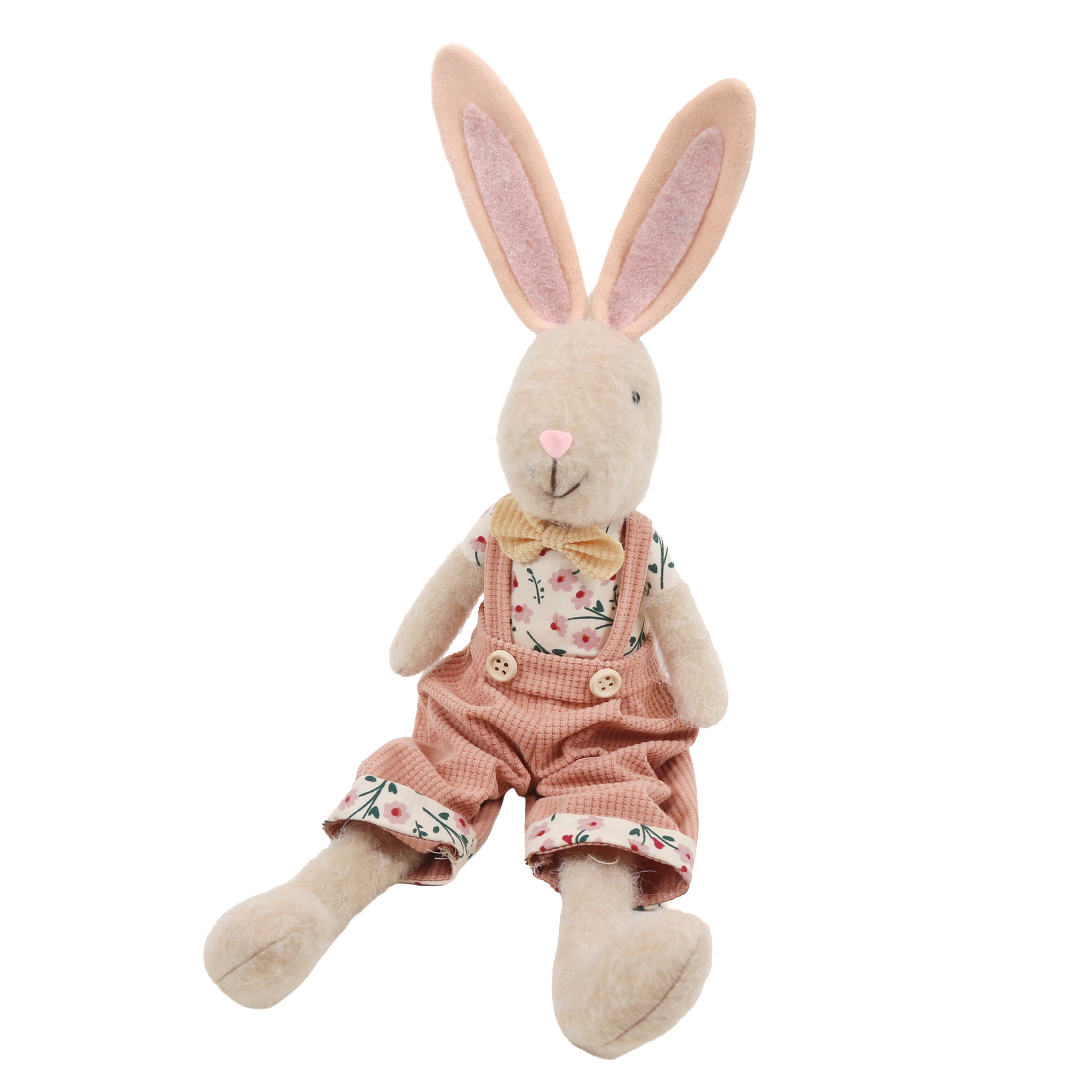 PLUSH SITTING RABBIT BOY 16" PINK OVERALLS