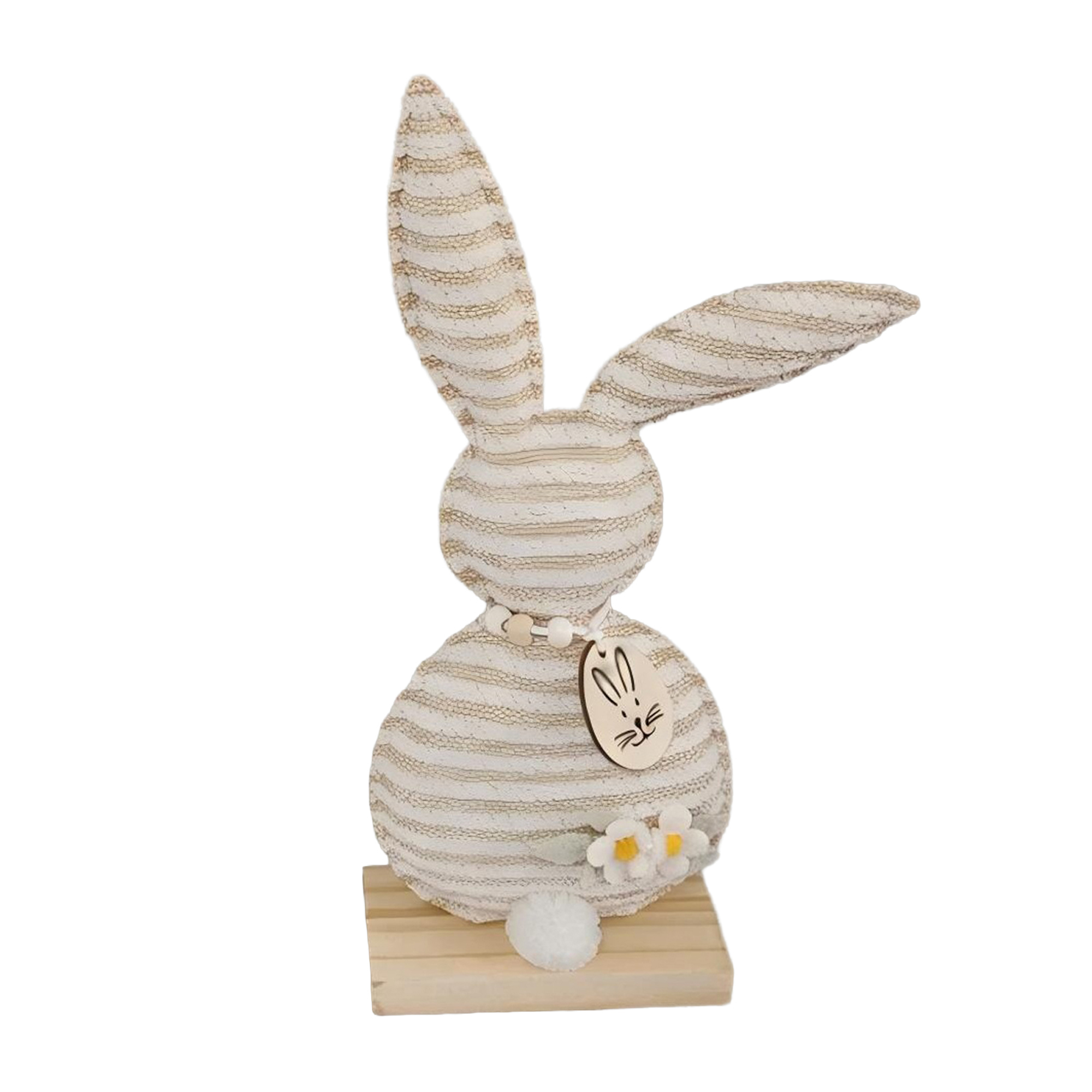 BUNNY FABRIC 11.5"H CREAM STRIPE FABRIC W/TAG ON BASE