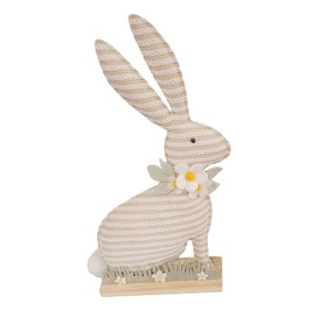 BUNNY SITTING 14" H CREAM STRIPE FABRIC W/DAISY ON BASE