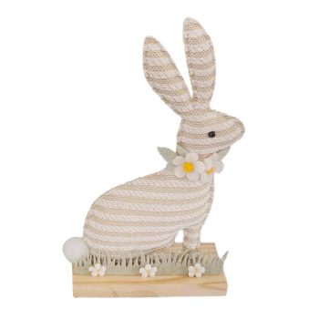BUNNY SITTING 9.5" H CREAM STRIPE FABRIC W/DAISY ON BASE