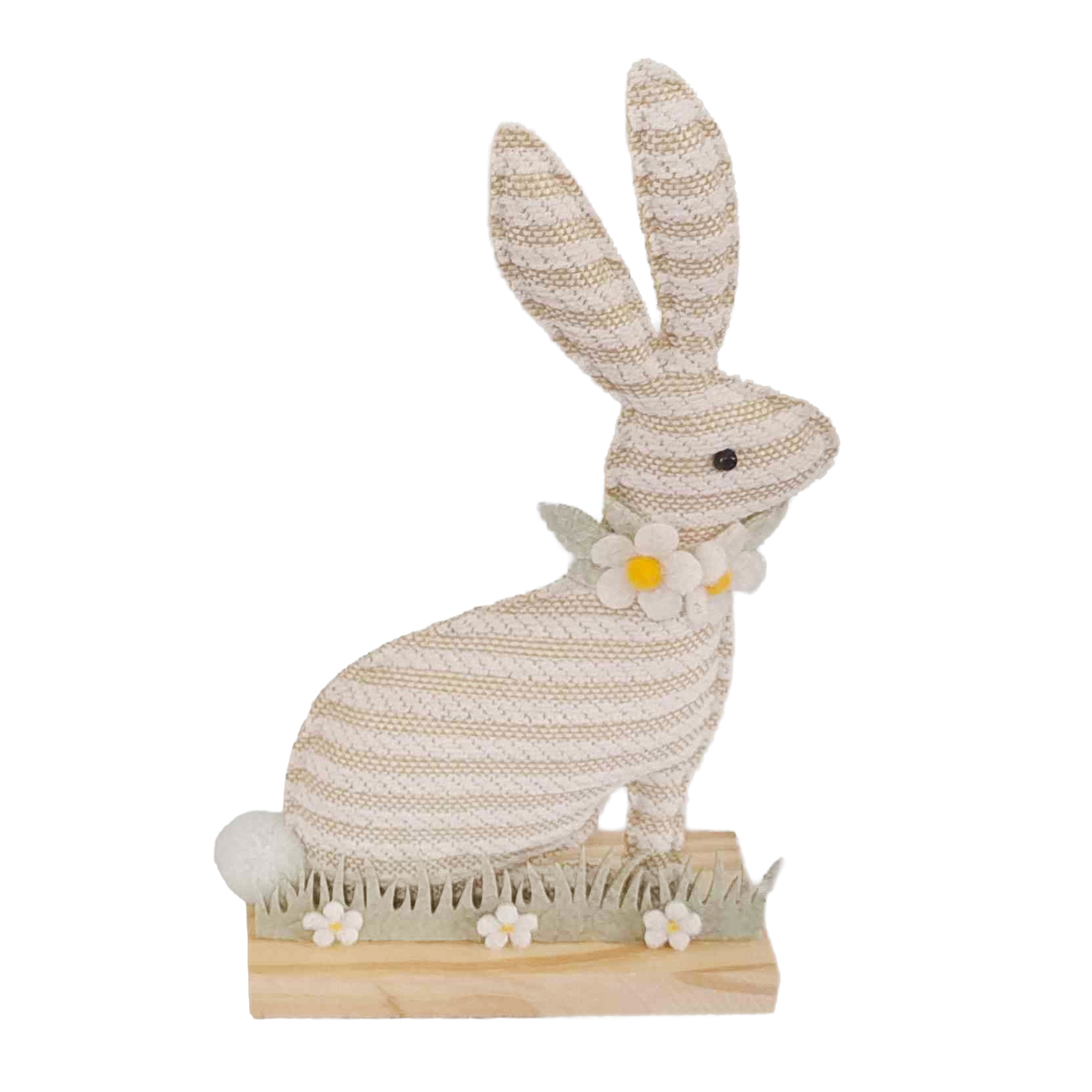 BUNNY SITTING 9.5" H CREAM STRIPE FABRIC W/DAISY ON BASE