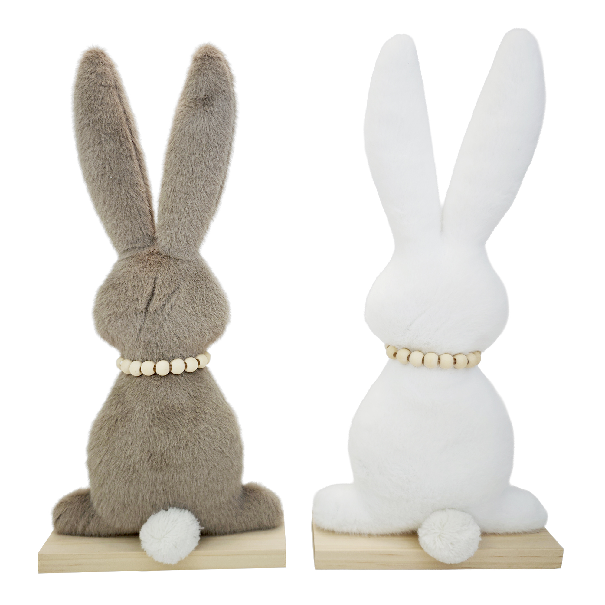 BUNNY W/BASE 14"H POM POM TAIL BROWN/WHITE FUR 2 ASST.