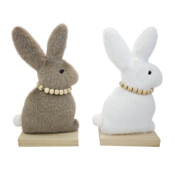 BUNNY W/BASE 8"H BEAD NECKLACE W/EGG PENDANT BROWN/WHITE FUR 2 ASST.