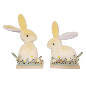 BUNNY ON BASE 8.5" H PASTEL YELLOW FABRIC 2 ASST.