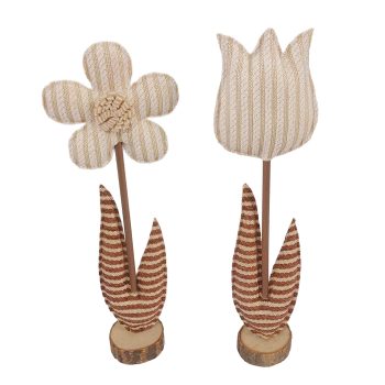TULIP/DAISY ON BASE 12.5" CREAM STRIPED FABRIC W/BROWN LEAVES 2 ASST.