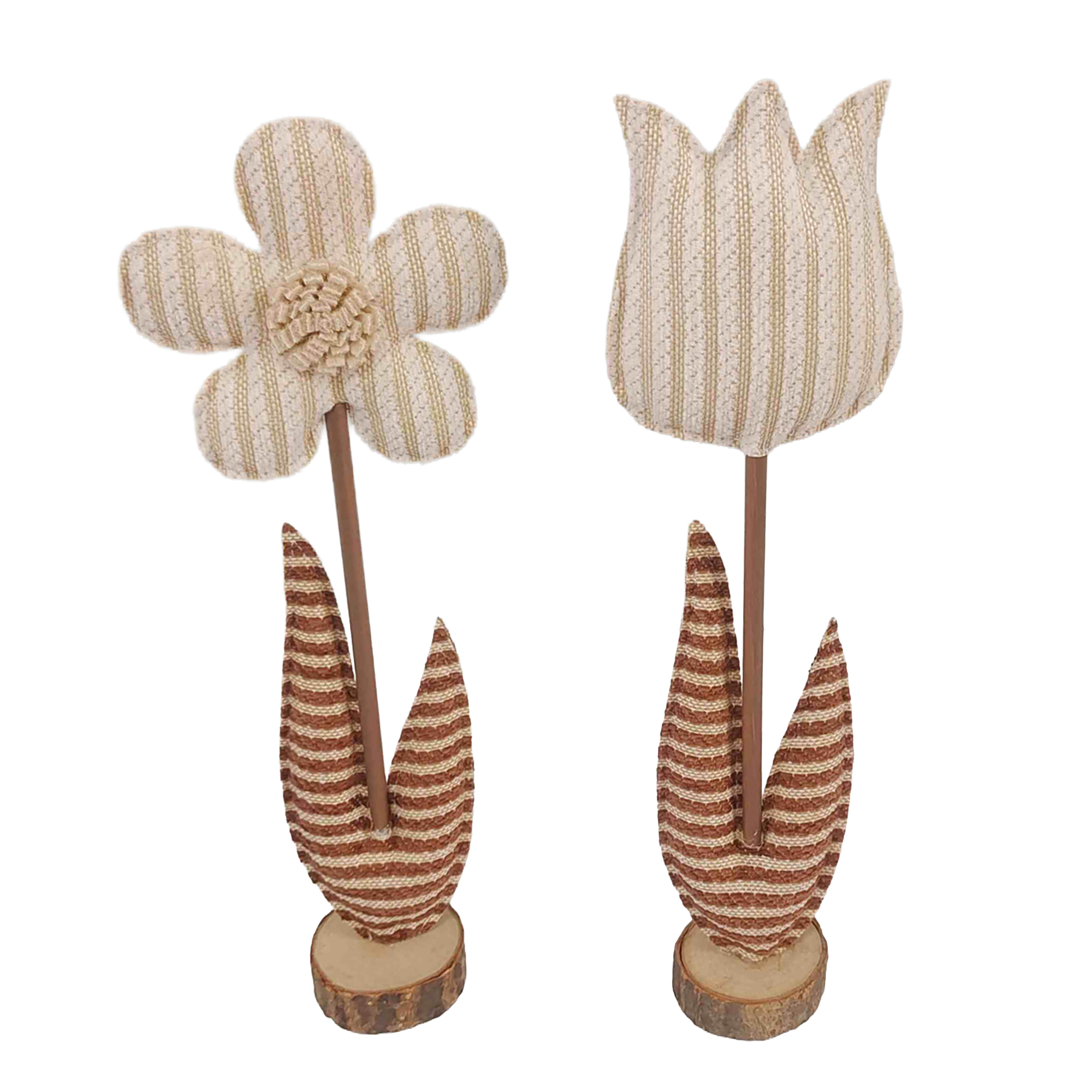 TULIP/DAISY ON BASE 12.5" CREAM STRIPED FABRIC W/BROWN LEAVES 2 ASST.