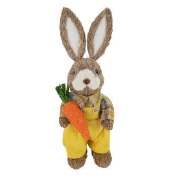 SISAL BUNNY BOY WITH CARROT 13.5" YELLOW OVERALLS & PLAID SHIRT