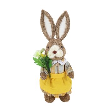SISAL BUNNY GIRL WITH FLOWER BOUQUET 13.5" YELLOW DRESS & LACE COLLAR